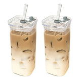 Square Heat-Resistant Coffee Glass Cup Transparent Mug with Lid & Straw for Tea, Juice & Milk