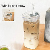 Square Heat-Resistant Coffee Glass Cup Transparent Mug with Lid & Straw for Tea, Juice & Milk