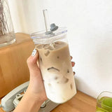 Square Heat-Resistant Coffee Glass Cup Transparent Mug with Lid & Straw for Tea, Juice & Milk