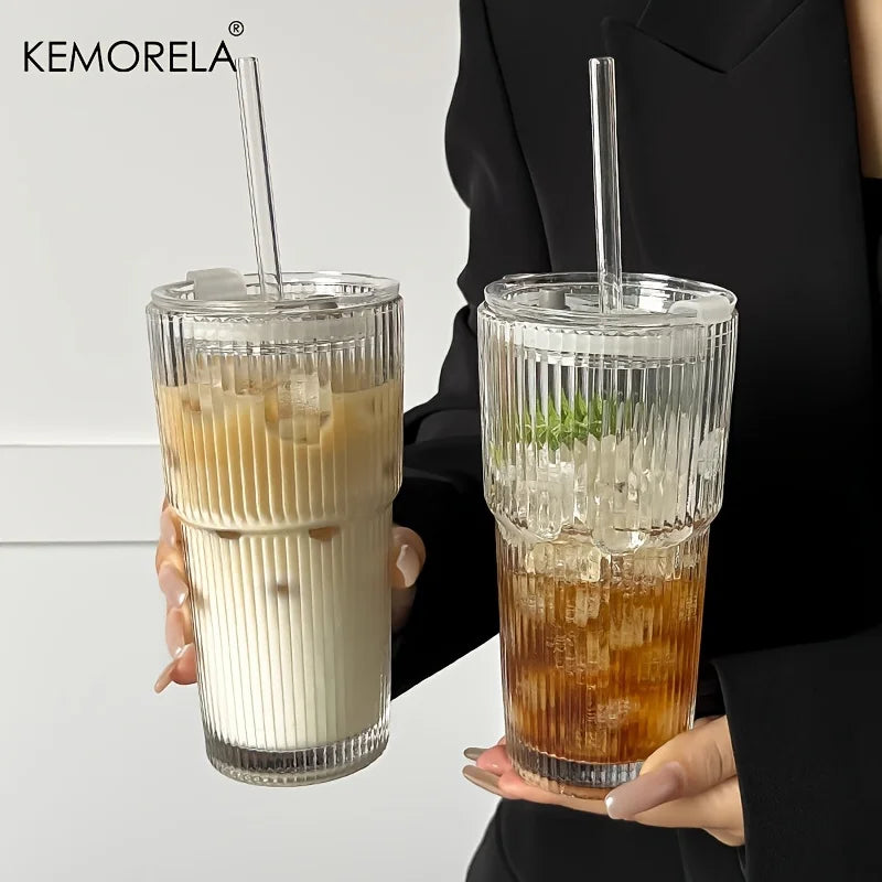 Transparent Glass Mug 600ML Coffee Cup with Lid and Straw for Cold Drinks