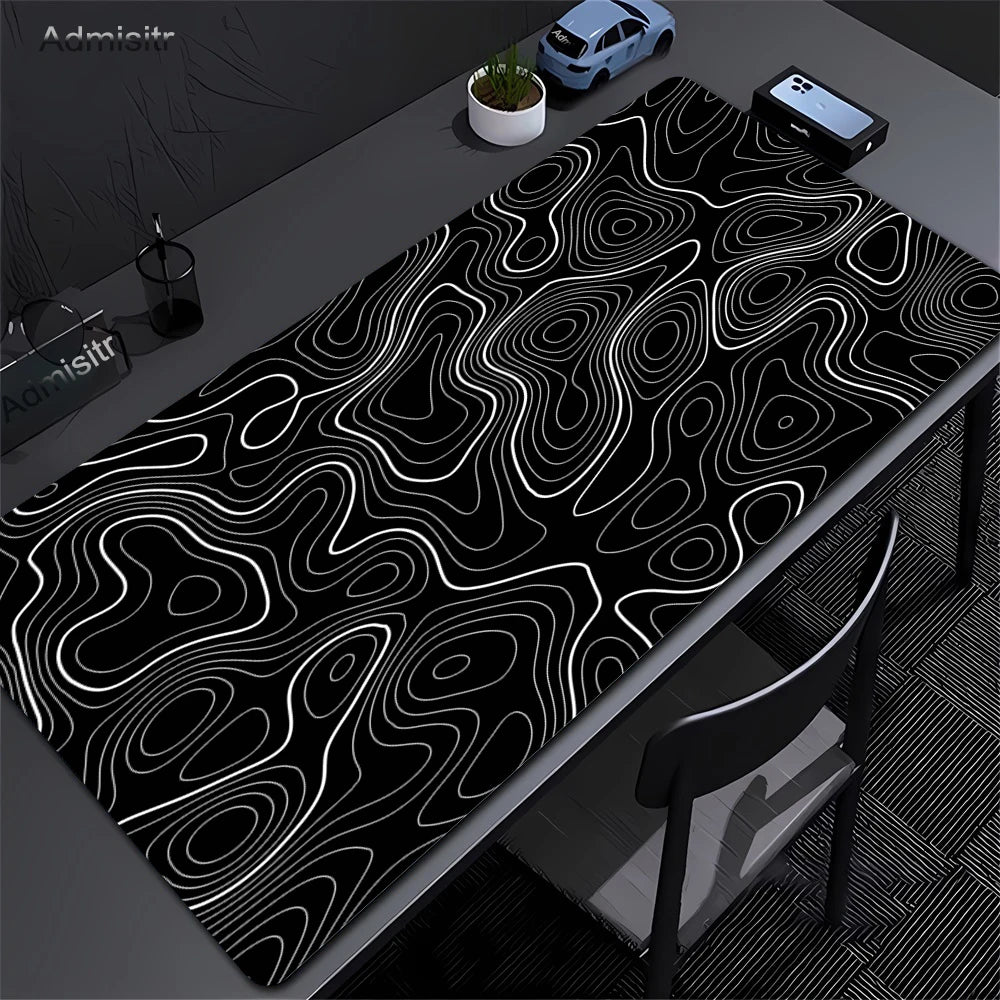 Gaming Desk Mat Black & White Abstract Mouse Pad with Non-Slip Base and Stitched Edges