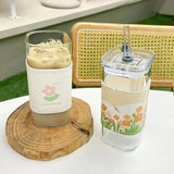 Square Heat-Resistant Coffee Glass Cup Transparent Mug with Lid & Straw for Tea, Juice & Milk