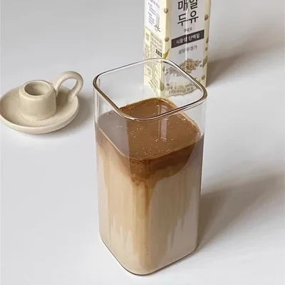 Square Heat-Resistant Coffee Glass Cup Transparent Mug with Lid & Straw for Tea, Juice & Milk